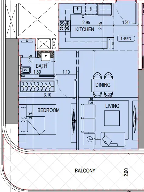 Binghatti Sky Terraces 1 bed floor plan, 711 sqft