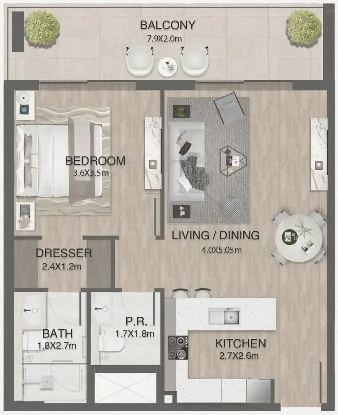 One by Nine 1 bed floor plan, 829 sqft