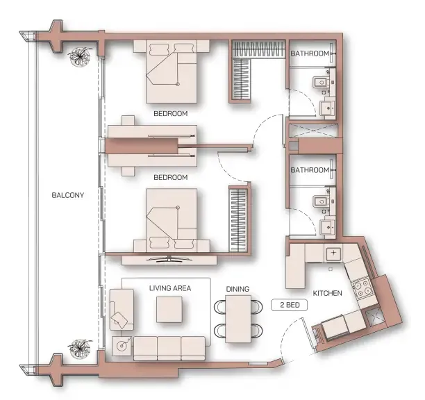 Binghatti Pinnacle 2 bed floor plan, 1,078 sqft