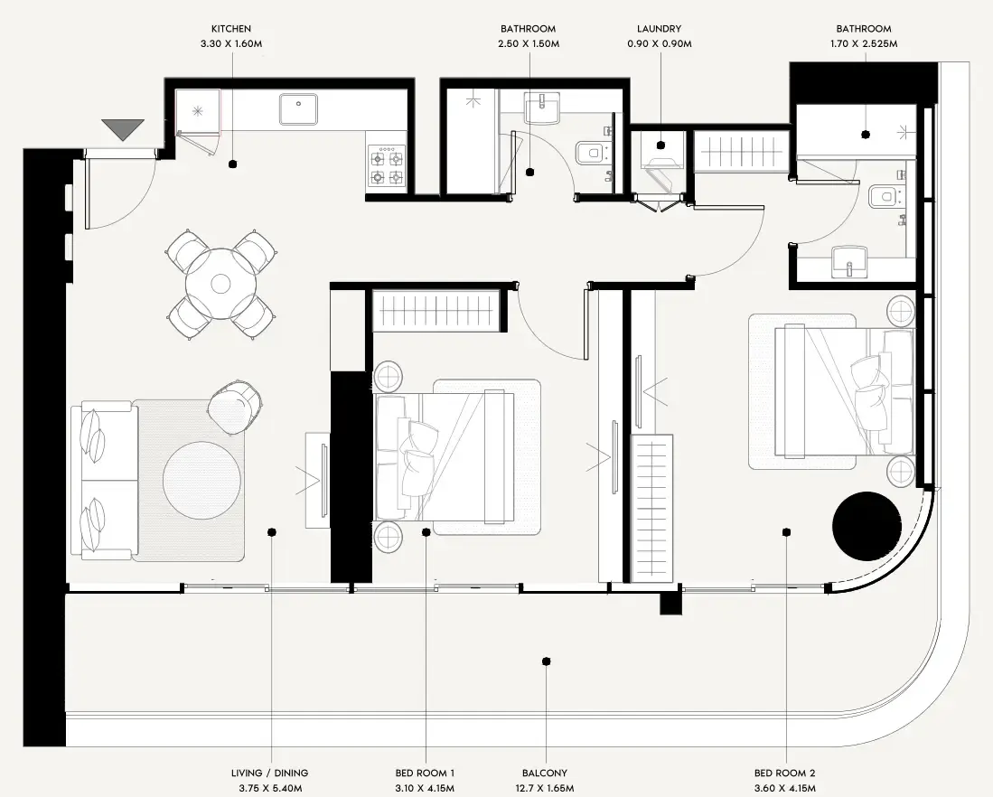 Azizi Milan 2 bed floor plan, 1,160 sqft