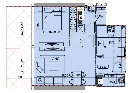 Binghatti Cullinan 1 bed floor plan, 739 sqft