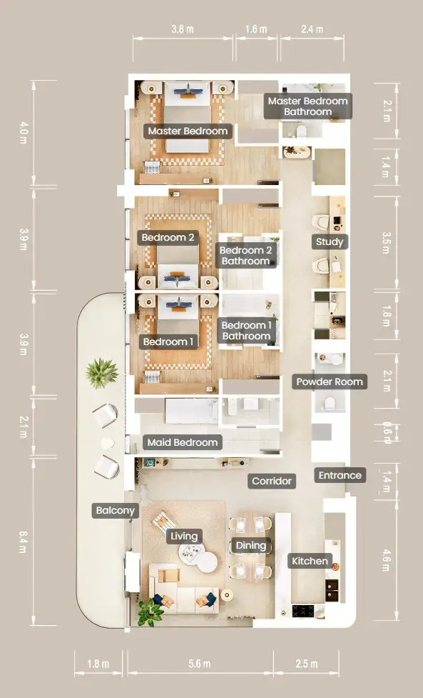 The Beach House Fahid 3 bed floor plan, 2,072 sqft