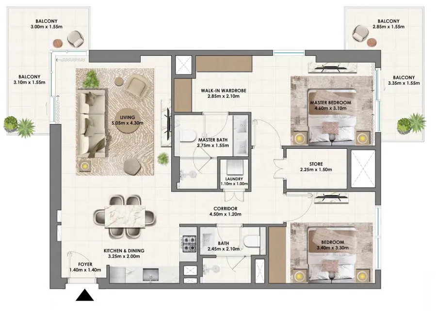 Parkwood Emaar 2 bed floor plan, 1,302 sqft
