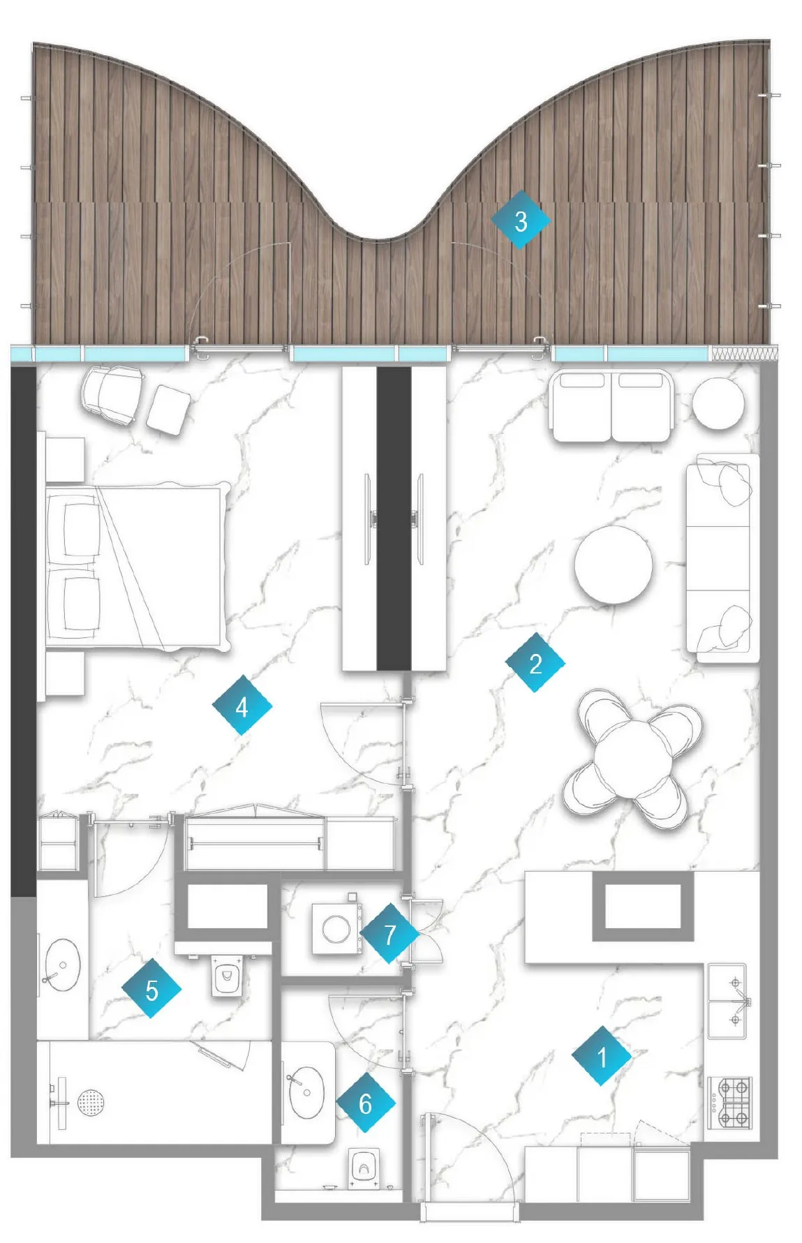 Aqua Arc 1 bed floor plan, 1,194 sqft