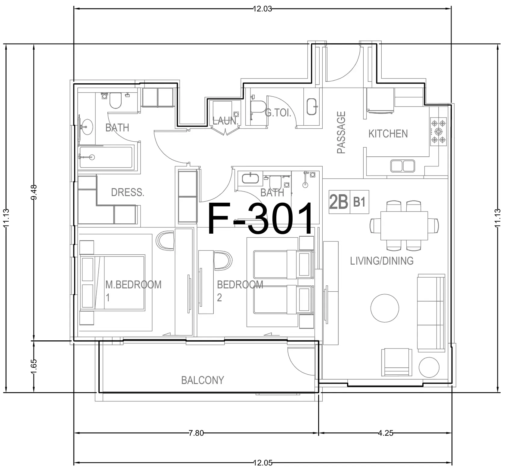 Hillside Residences 2 bed floor plan, 1,253 sqft