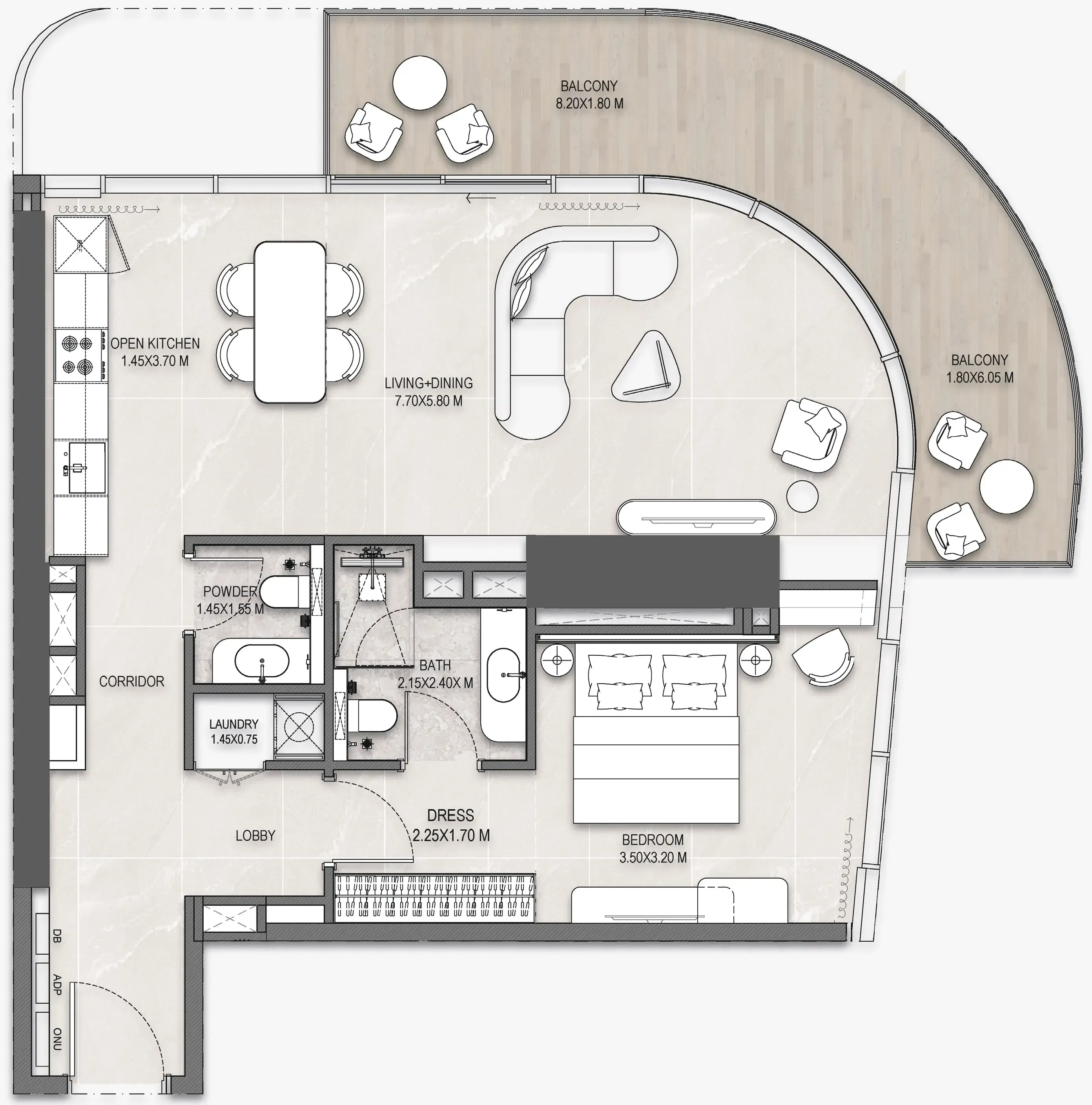 The Artery Residences 1 bed floor plan, 962 sqft