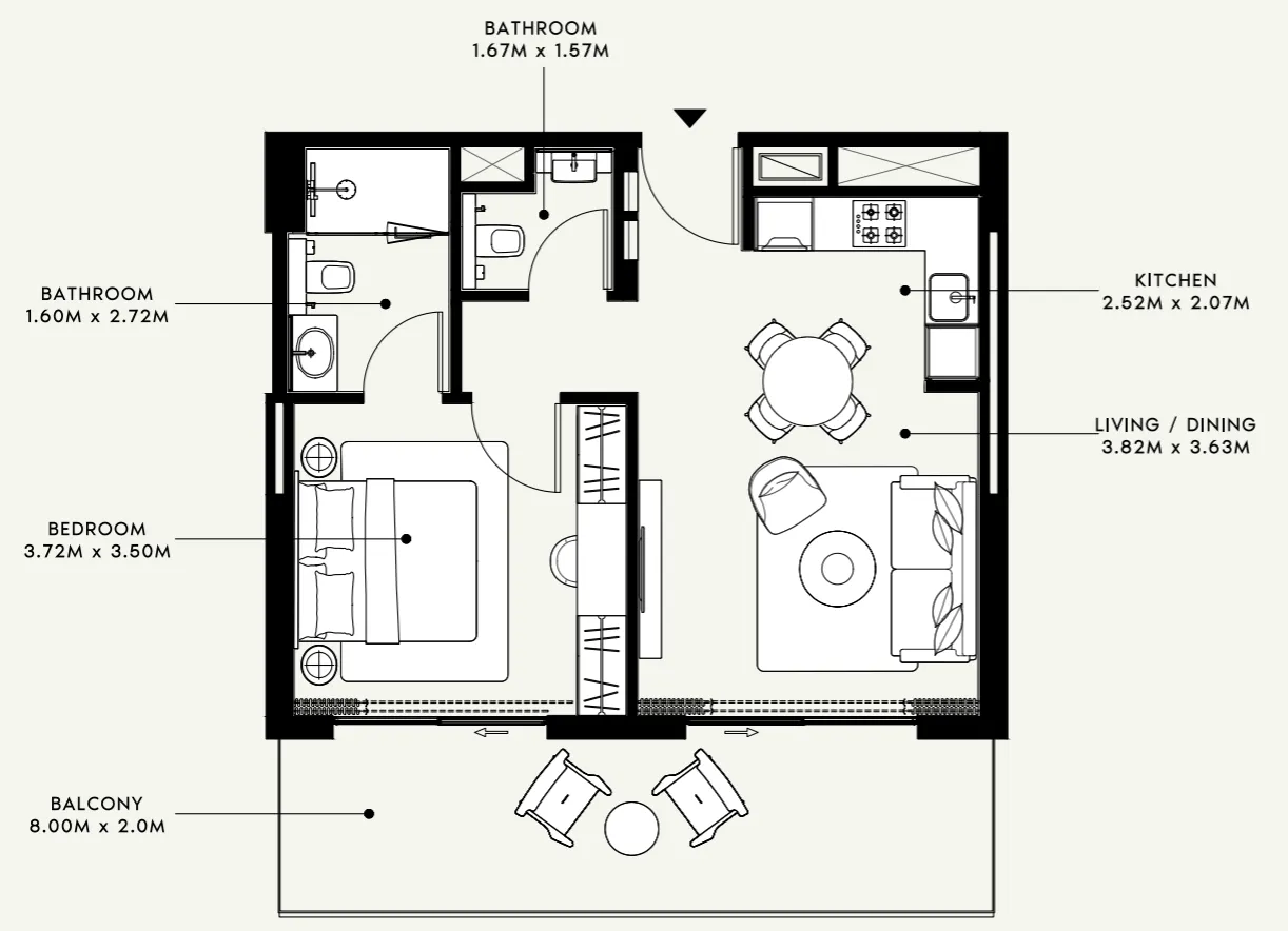 Azizi Venice 1 bed floor plan, 722 sqft