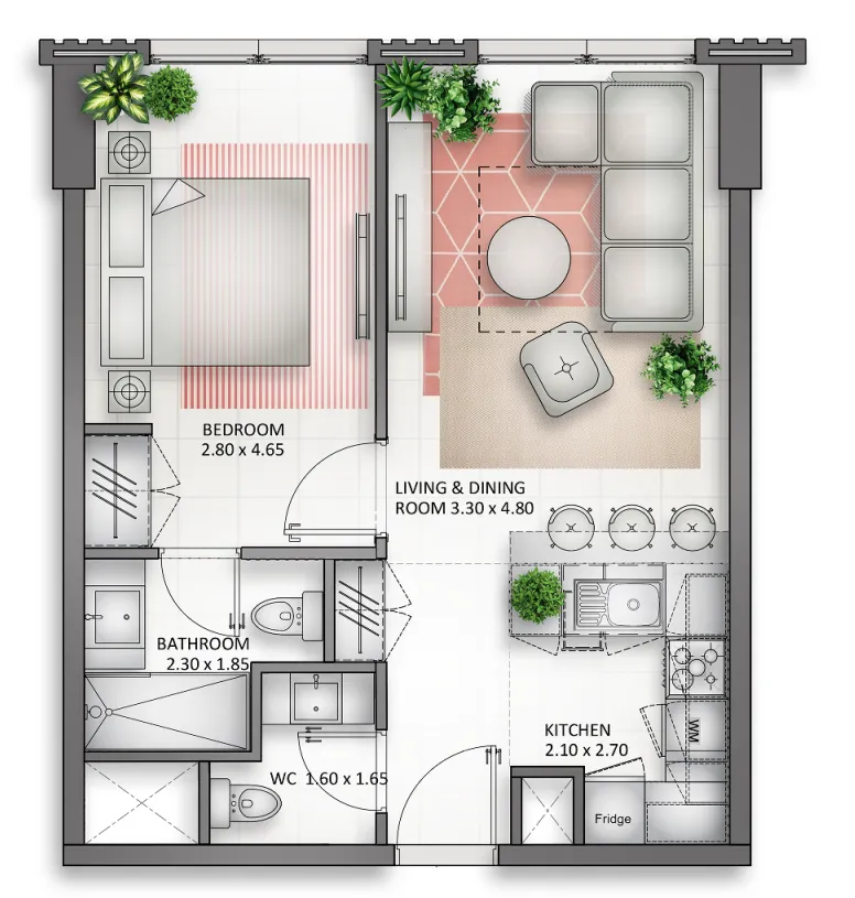 Al Mamsha Sharjah 1 bed floor plan, 679 sqft