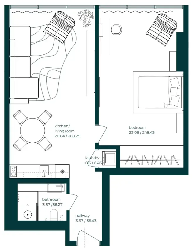 Vibe 1 bed floor plan, 691 sqft