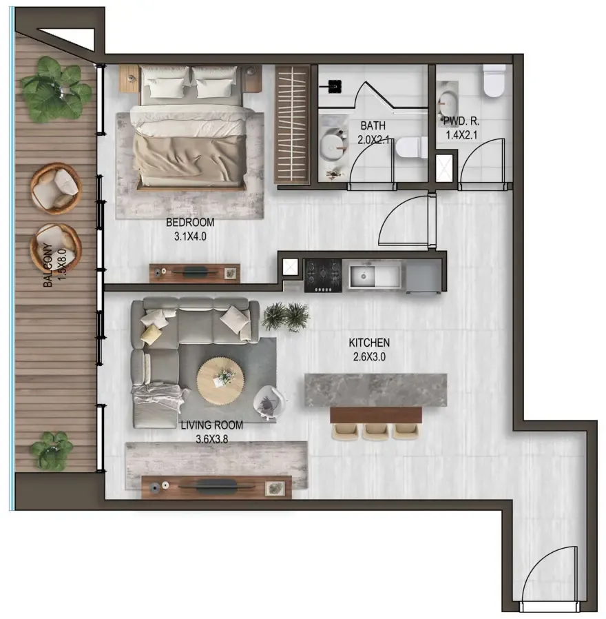 Noore 2 bed floor plan, 1,145 sqft