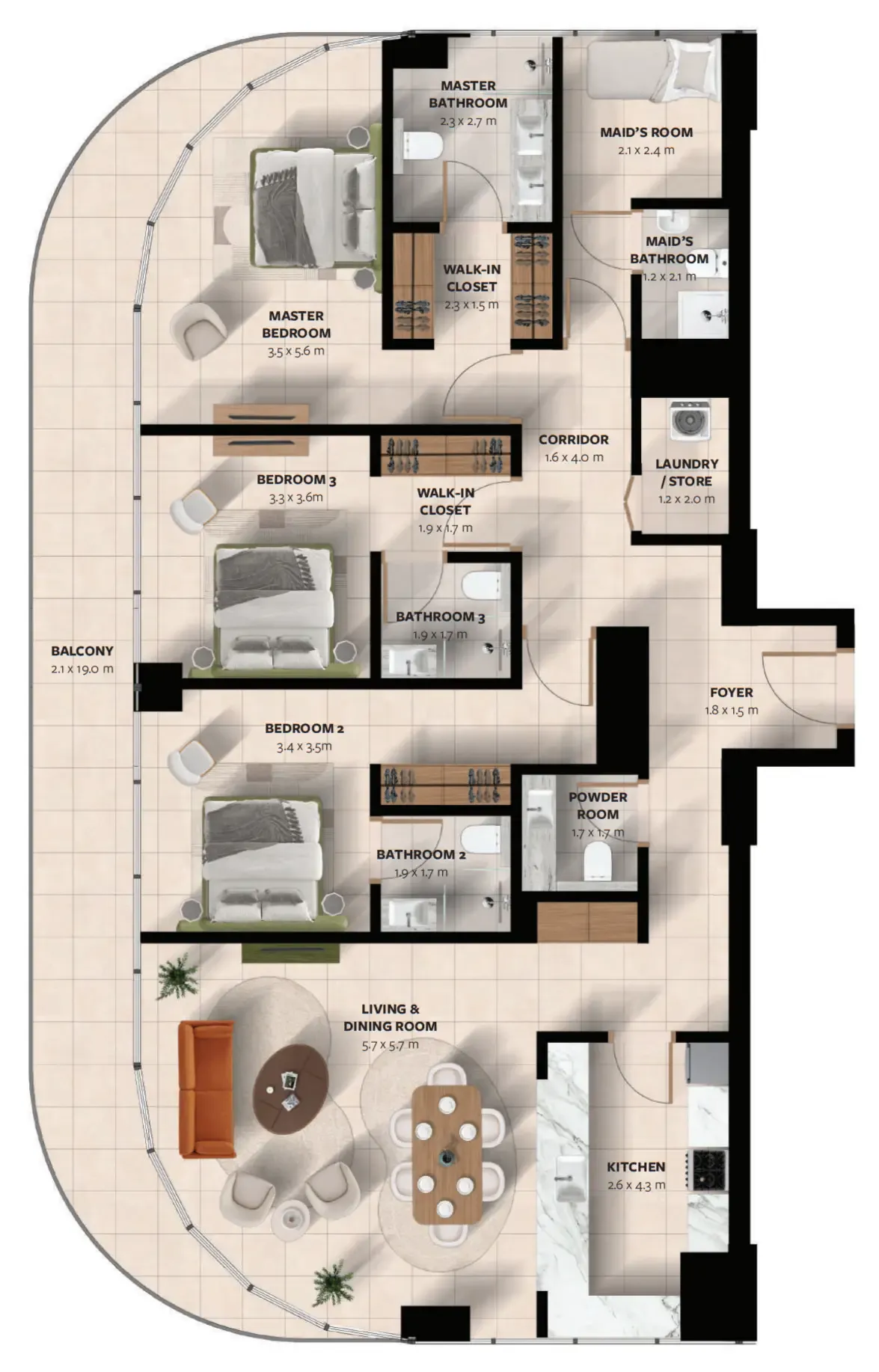 Waada Dubai South 3 bed floor plan, 2,058 sqft