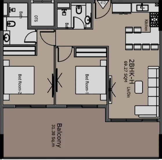 Golden Woods Albab Views 2 bed floor plan, 1,083 sqft