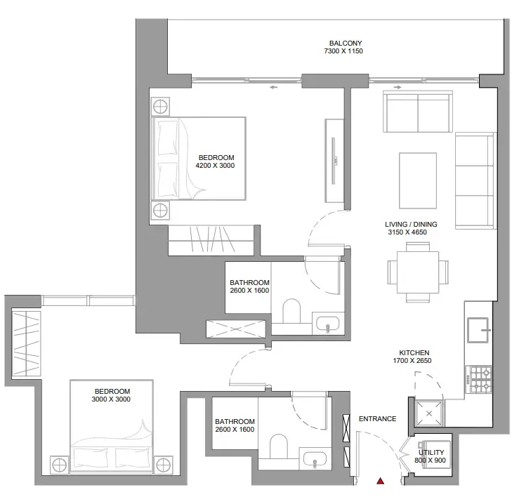 The Horizon at Sobha Central 2 bed floor plan, 922 sqft