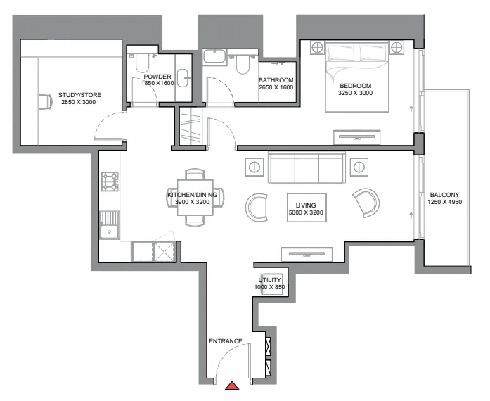 340 Riverside Crescent 1 bed floor plan, 894 sqft