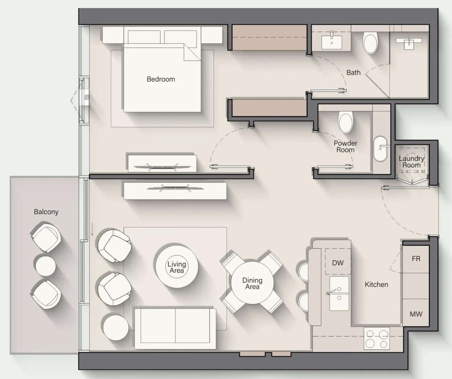 Costa Mare 1 bed floor plan, 744 sqft