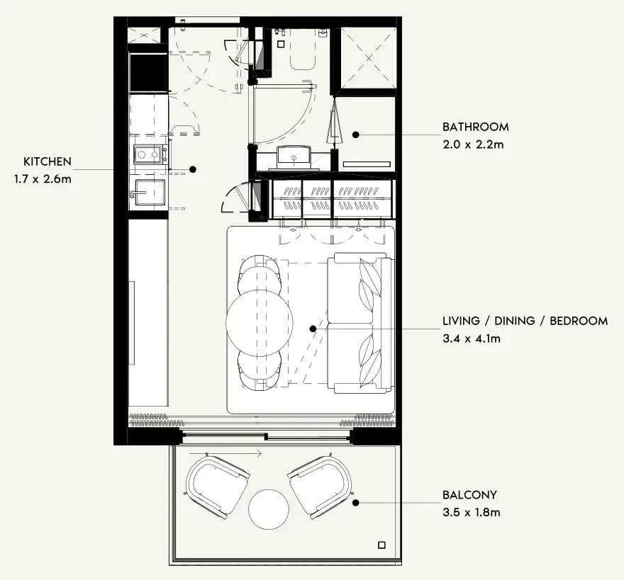 Azizi Noura Studio floor plan, 340 sqft