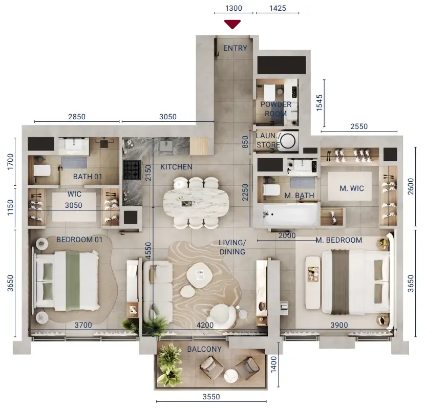 Mirdad 2 bed floor plan, 1,043 sqft