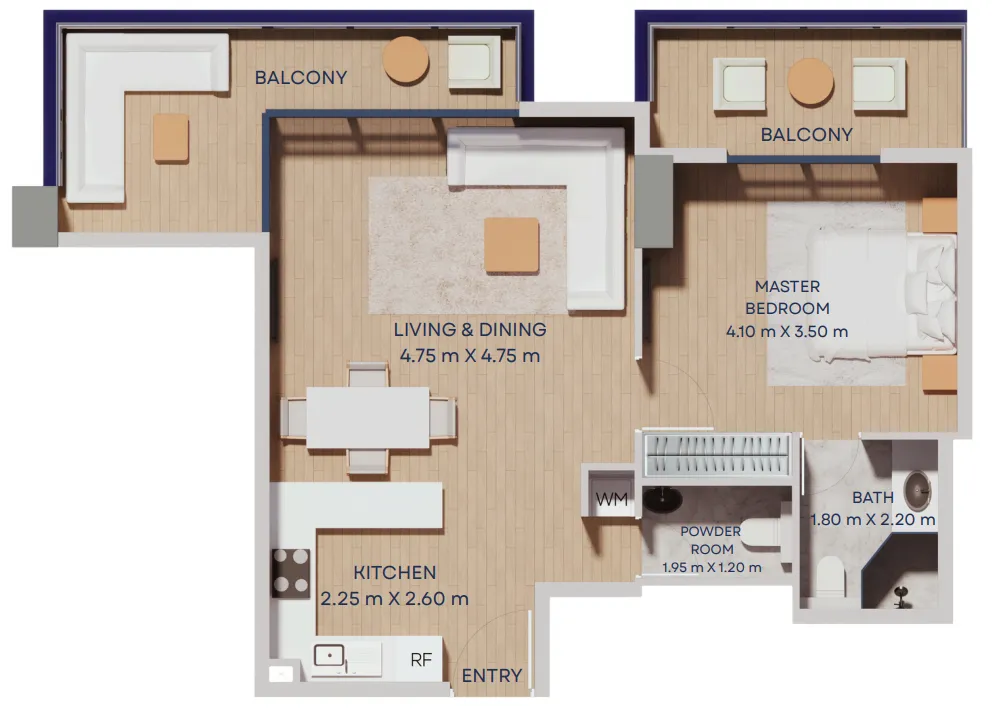 Manam Pearl 1 bed floor plan, 836 sqft