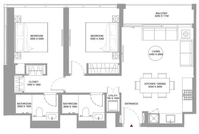 Canalside Marina Residences 2 bed floor plan, 893 – 894 sqft