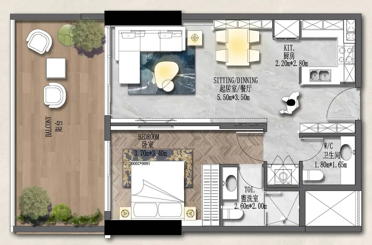 Forest City 2 1 bed floor plan, 890 sqft