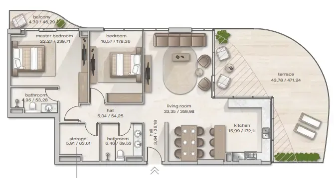 Zephyra Residences 2 bed floor plan, 1,876 sqft
