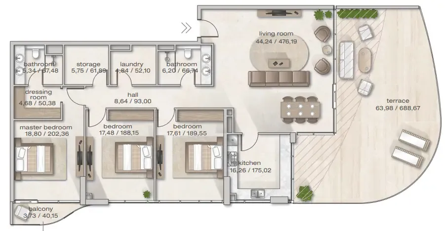 Zephyra Residences 3 bed floor plan, 2,495 sqft