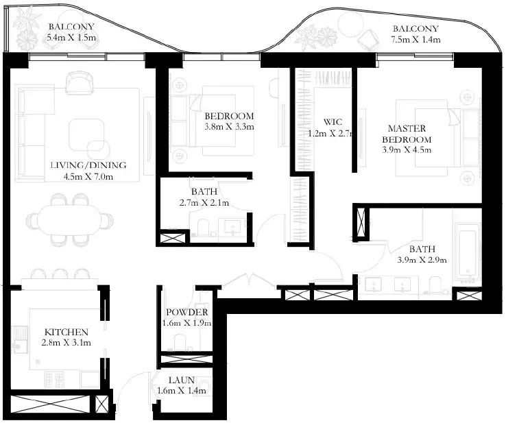 Sunstone 2 bed floor plan, 1,539 sqft