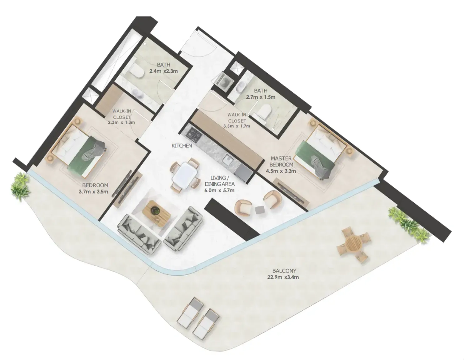 Oystra 2 bed floor plan, 1,896 sqft