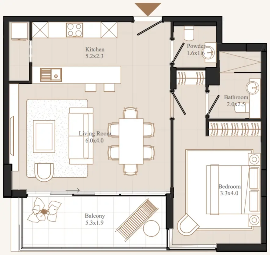 Flamingo LUX 1 bed floor plan, 842 sqft
