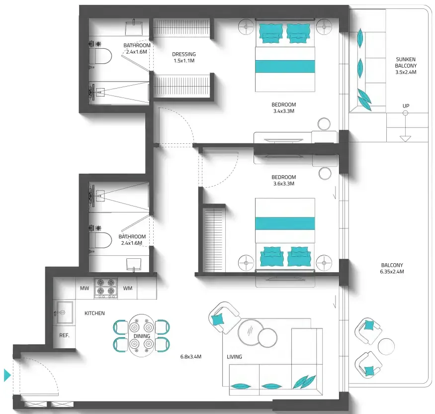 Reef 996 2 bed floor plan, 1,045 – 1,063 sqft