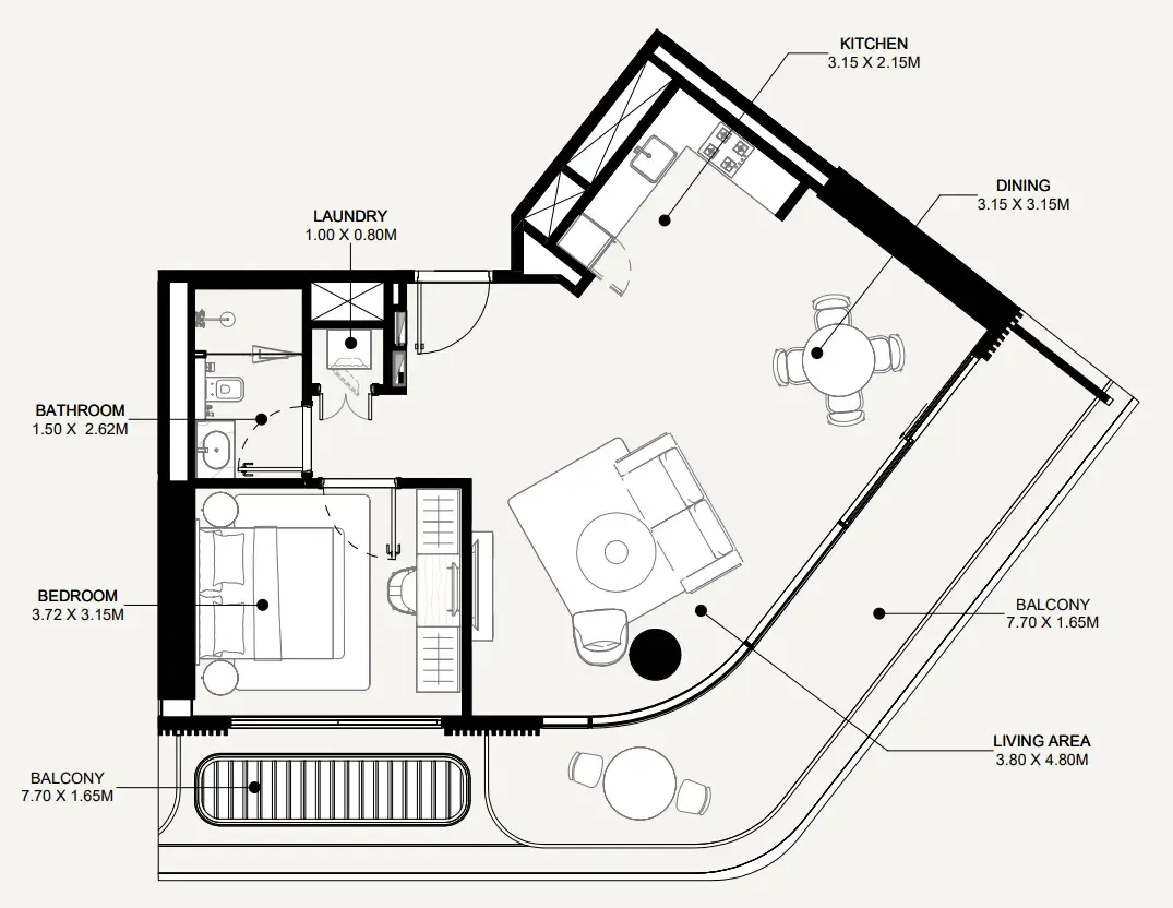 Azizi Abraham 1 bed floor plan, 817 – 898 sqft