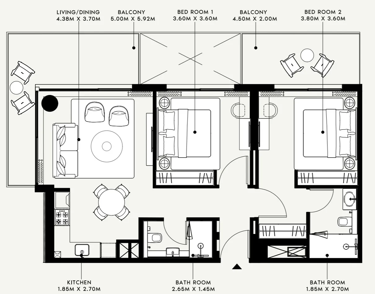 Azizi Venice 2 bed floor plan, 1,092 sqft