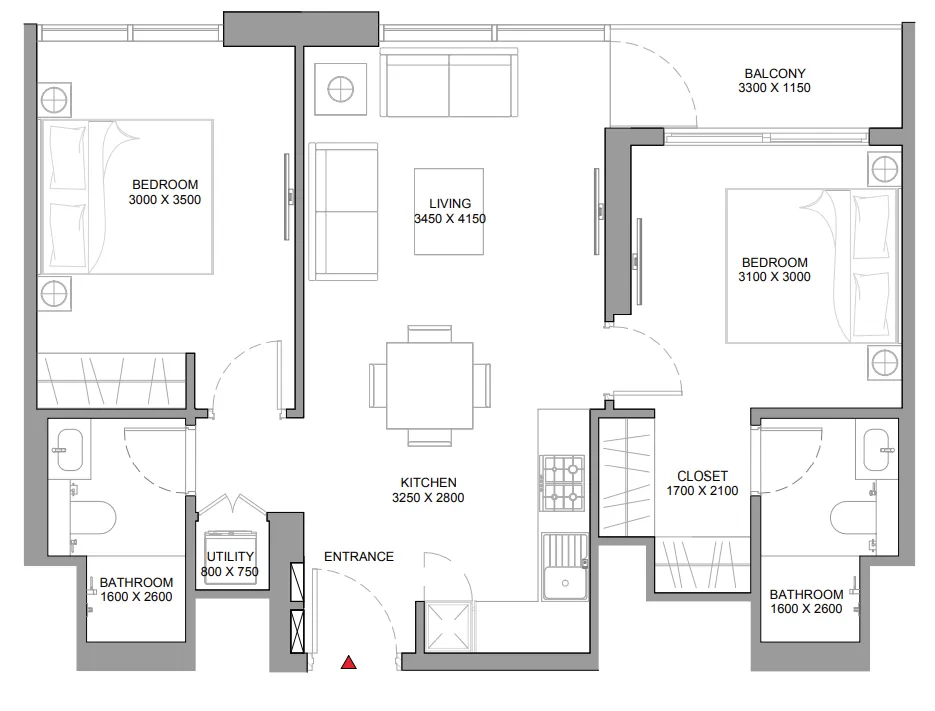 Florine Beach Residences 2 bed floor plan, 776 – 777 sqft