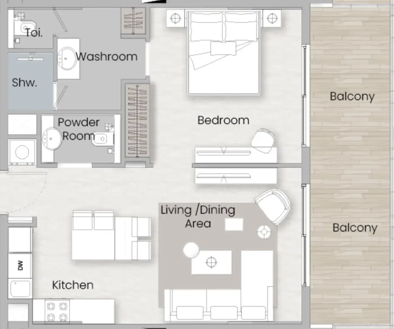 One Beverly 1 bed floor plan, 790 sqft