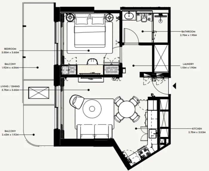Azizi Wasel 1 bed floor plan, 708 sqft