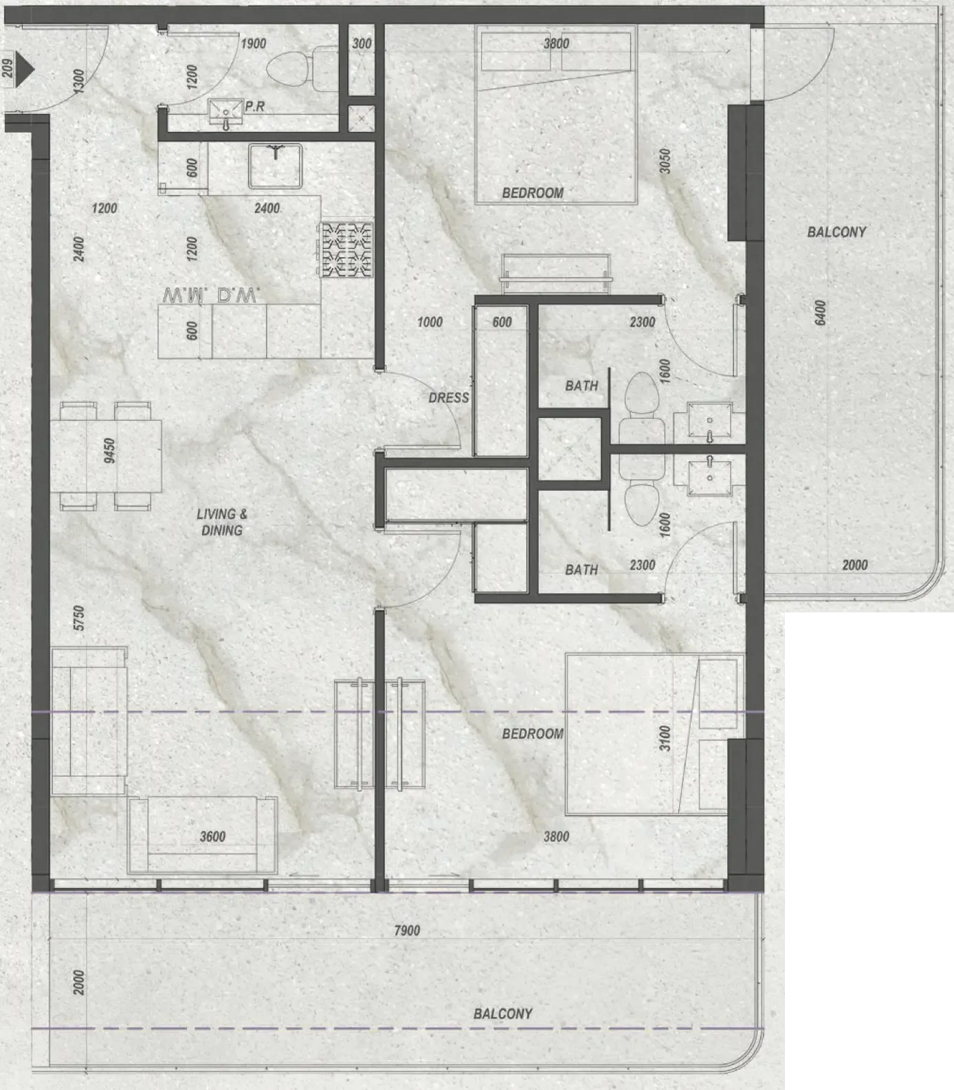 Zyra Hills 2 bed floor plan, 1,124 sqft