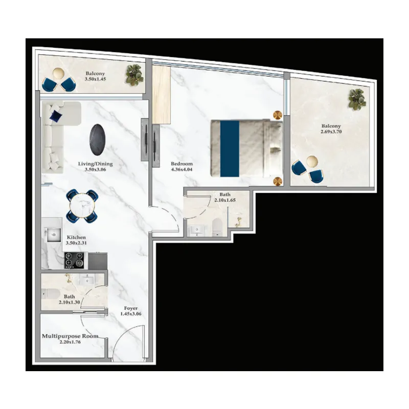 Aspirz 1 bed floor plan, 704 – 705 sqft