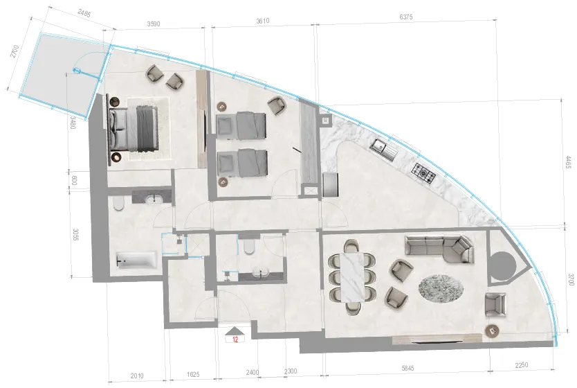 Orchid Towers Phase 1 2 bed floor plan, 1,305 sqft