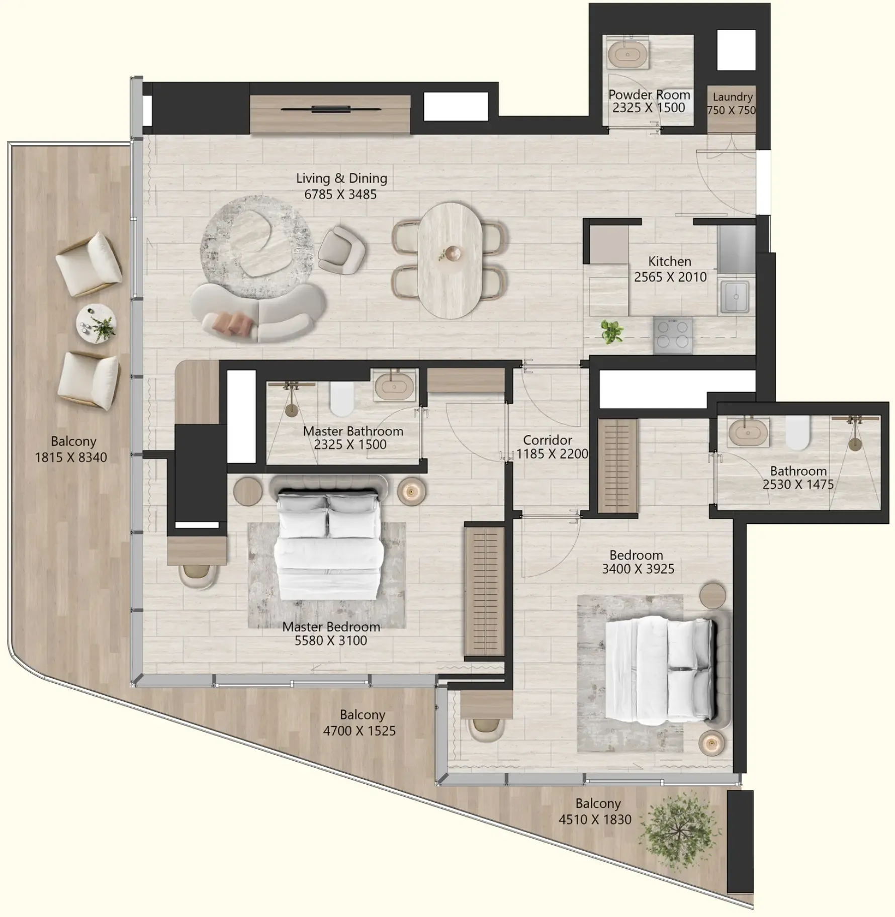 Il Vento 2 bed floor plan, 1,325 sqft