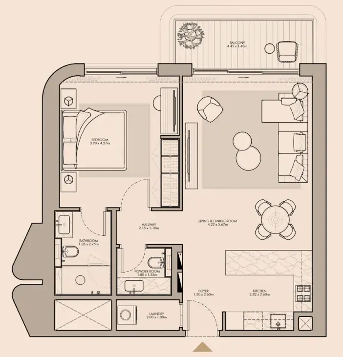 Nourelle 1 bed floor plan, 845 sqft