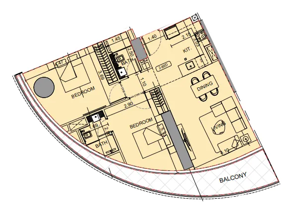Binghatti Aquarise 2 bed floor plan, 1,090 sqft