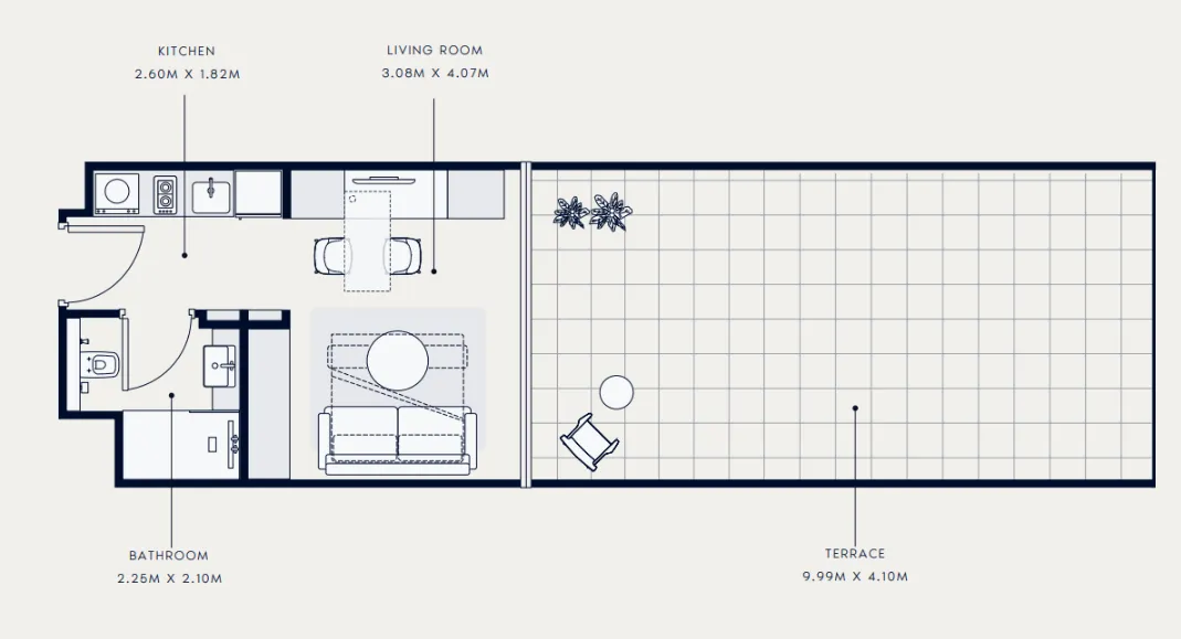Azizi Venice Studio floor plan, 747 sqft