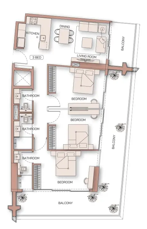Binghatti Pinnacle 3 bed floor plan, 1,523 sqft