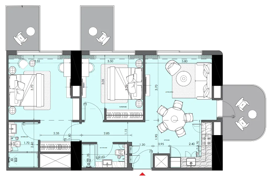 Azizi Wasel 2 bed floor plan, 938 sqft
