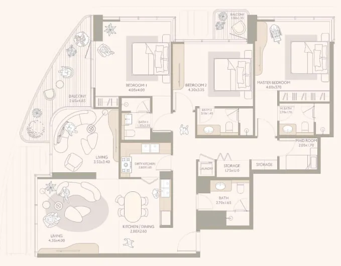 Isla Private Residences 3 bed floor plan, 1,525 sqft