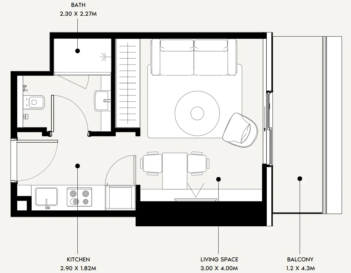 Azizi Milan Studio floor plan, 340 sqft