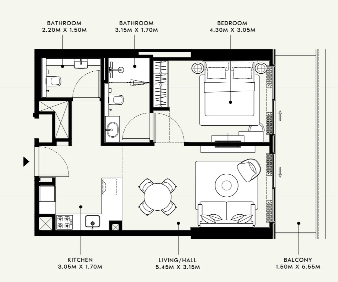 Azizi Ruby 1 bed floor plan, 705 sqft