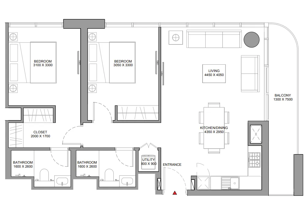 Florine Beach Residences 2 bed floor plan, 973 sqft