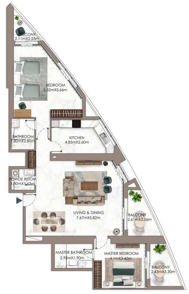 Ajman Creek Towers 2 bed floor plan, 2,059 sqft