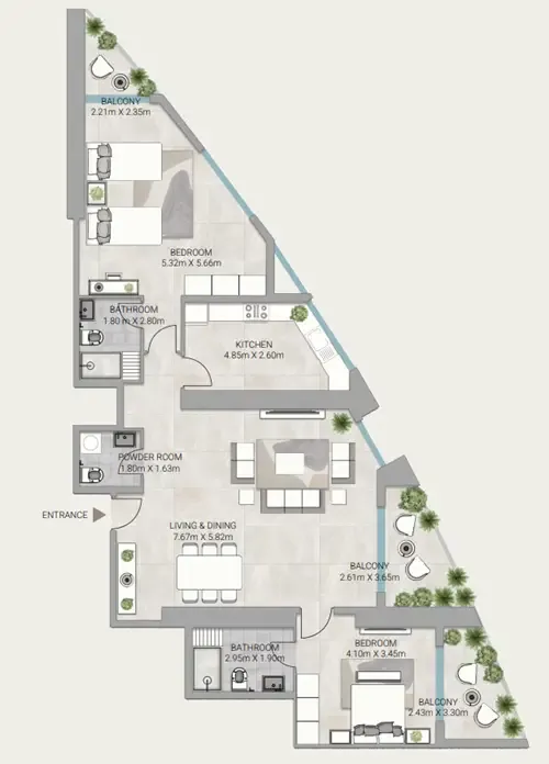 Ajman Creek Towers 2 bed floor plan, 2,096 sqft